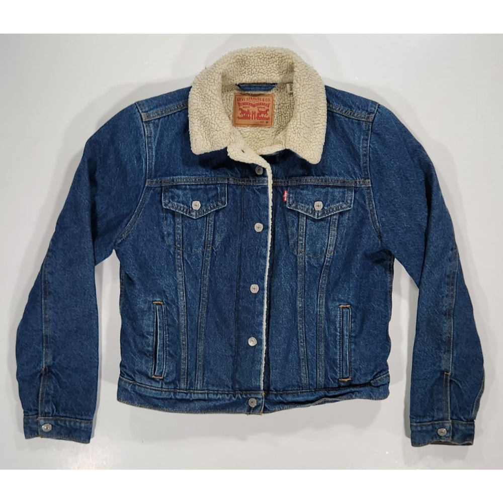 Levi’s Womens Sherpa Lined Denim Trucker Jacket Medium Blue Jean Coat Warm